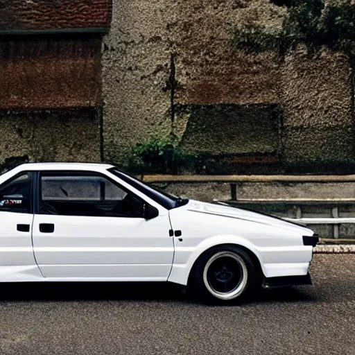 Prompt: white AE86 GT Apex Trueno in 2022 AE86 made in 2022 modern aggressive parked full view mid distance 45mm photo