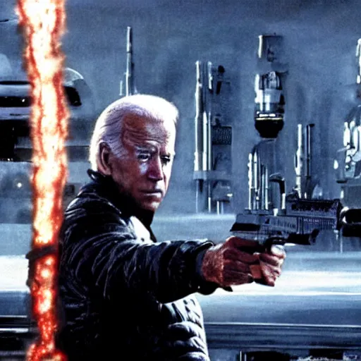 Image similar to joe biden in the terminator executing donald trump, cinematic, establishing shot, extremly high detail, photorealistic, cinematic lighting, style by James Gurney