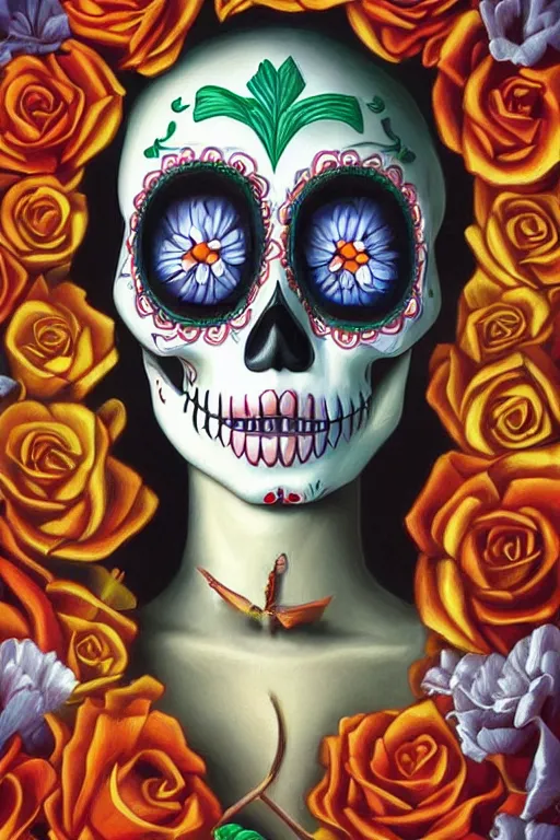 Image similar to illustration of a sugar skull day of the dead girl, art by vladimir kush