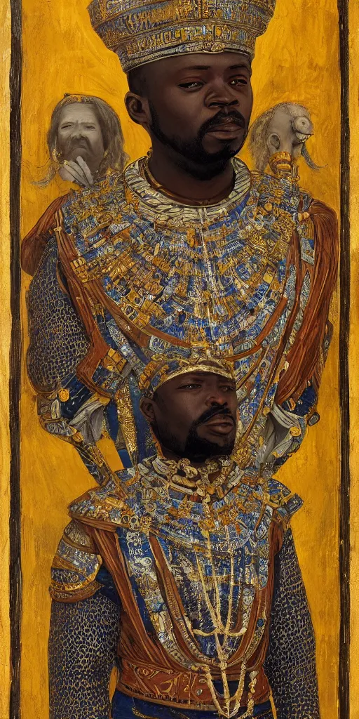 Image similar to a stunning and noble highly detailed romantic period style portrait of Mansa Musa by Josep Tapiró Baró, trending on artstation, oil painting masterpiece, symmetry, African iconography