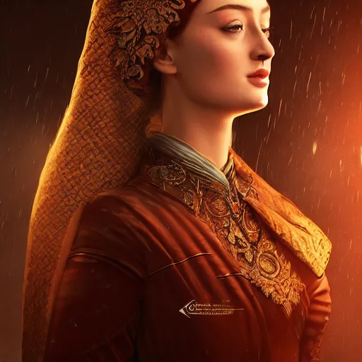 Prompt: sophie turner in javanese victorian clothing, hyper realistic, ambient lighting, concept art, intricate, hyper detailed, smooth, dynamic volumetric lighting, octane, raytrace, cinematic, high quality, high resolution, 4 k, cgsociety, rutkowski, gurney