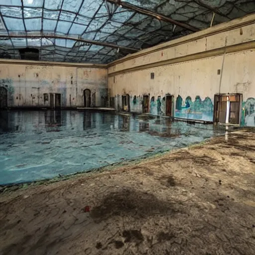 Image similar to a soviet waterpark. flooded, empty, dark abandoned.