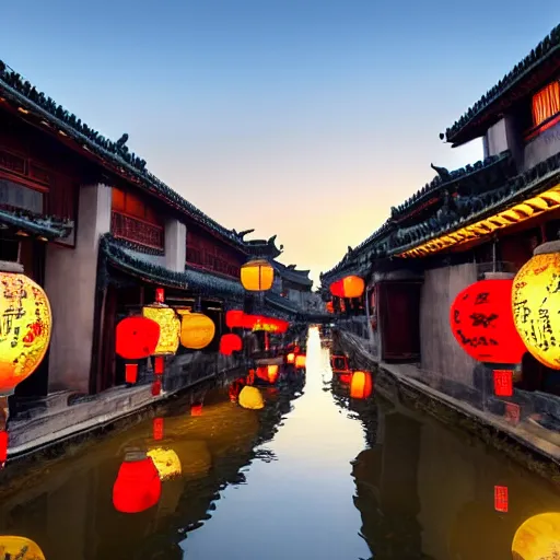 Image similar to beautiful and peaceful ancient water town in the south of china, zhouzhuang ancient town, movie style, warm color to move, boats, evening lanterns, the glow of the sunset on the water, lanterns in the sky at night, highly detailed, 4 k