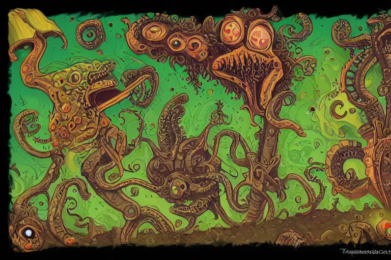 Prompt: mexican lovecraftian limes by tim shumate, mexican themes, 8 k, highly detailed, concept art, cmyk colors