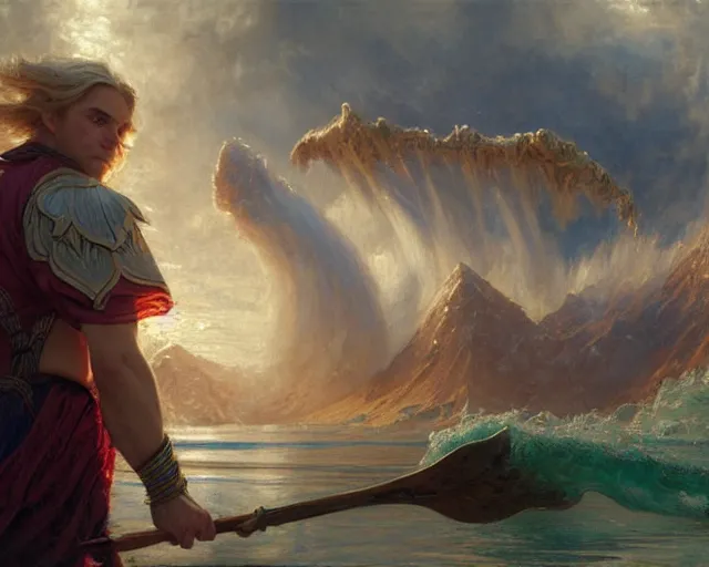 Image similar to attractive male wizard casting powerful giant tsunami spell in a beautiful lake. highly detailed painting by gaston bussiere, craig mullins, j. c. leyendecker 8 k