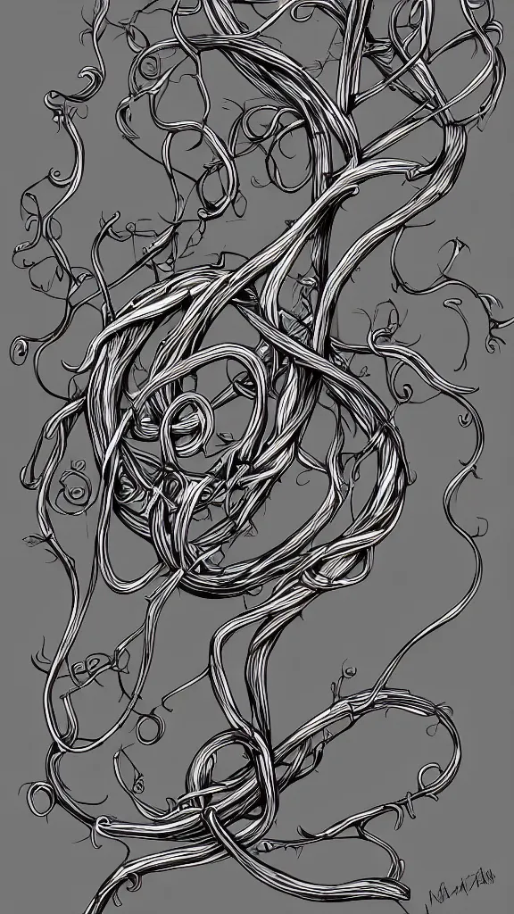 Image similar to a French horn with long thick vines wrapping around it, fantasy art, art station, grey background,