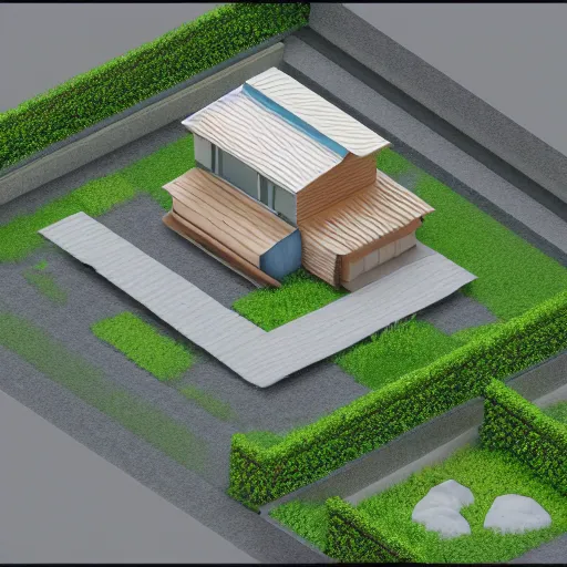 Image similar to isometric Japanese home with garden, aerial view, blender render, 3D model