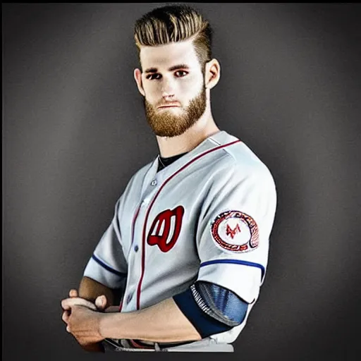 Image similar to “a realistic detailed photo of a guy who is an attractive humanoid who is half robot and half humanoid, who is a male android, baseball player Bryce Harper, shiny skin, posing like a statue, blank stare”