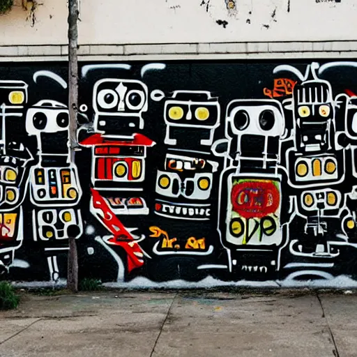 Image similar to logo of a punk band made entirely of robots graffitied on a wall