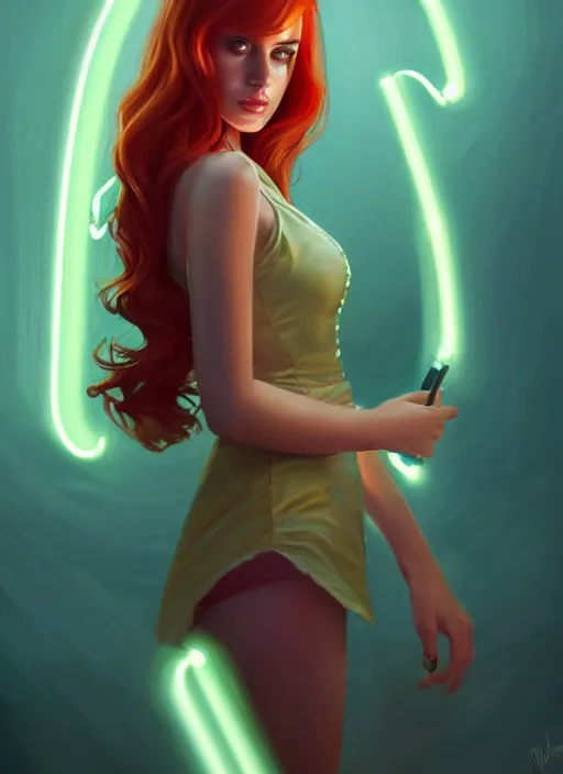 Image similar to full body portrait of teenage cheryl blossom, bangs, green eyes, mischievous expression, red hair, sultry smirk, bangs and wavy hair, intricate, elegant, glowing lights, highly detailed, digital painting, artstation, concept art, smooth, sharp focus, illustration, art by wlop, mars ravelo and greg rutkowski