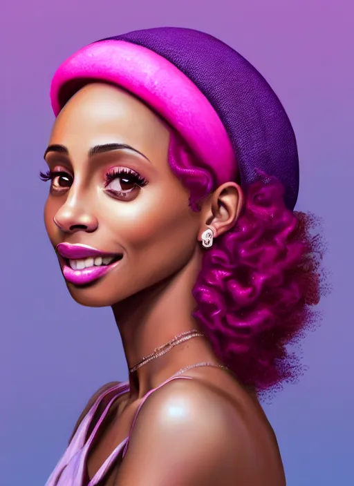 Image similar to portrait of young vanessa morgan with bright pink hair, black girl, vanessa morgan, curly pixie cut hair, wearing purple newsboy cap, newsboy cap, subtle smile, hoop earrings, intricate, elegant, glowing lights, highly detailed, digital painting, artstation, concept art, smooth, sharp focus, illustration, art by wlop, mars ravelo and greg rutkowski