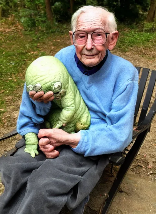 Image similar to an elderly man and his pet tardigrade, tardigrade on lap, cute pet photo