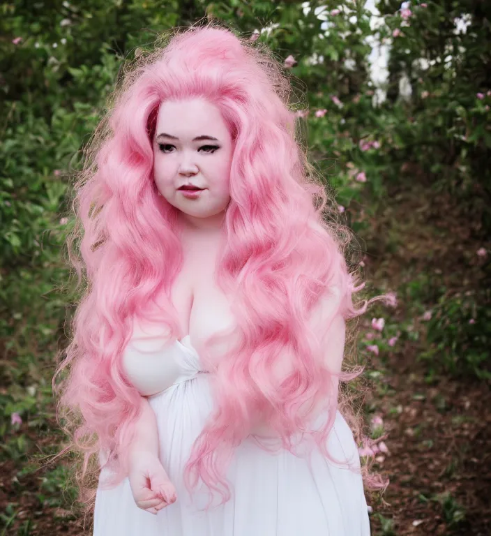 Image similar to a photograph of rose quartz from steven universe, portrait photography, 8 5 mm, iso 4 0 0, focus mode, detailed portrait, gigantic pink ringlets, huge pink hair, chubby, white dress, gorgeous, kind features, beautiful woman, flattering photo, daylight