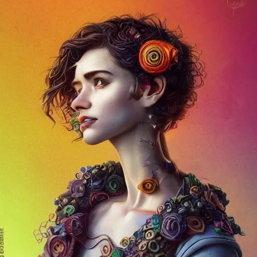 Prompt: Lofi cyberpunk portrait beautiful woman with short brown curly hair, roman face, Romanesque, unicorn, rainbow, floral, Pixar style, Tristan Eaton, Stanley Artgerm, Tom Bagshaw