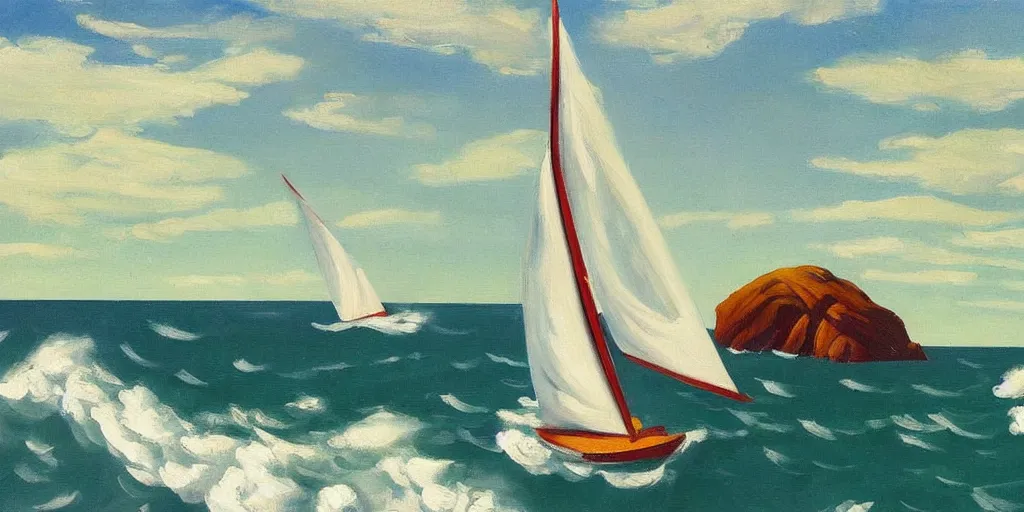 Image similar to sailboat style of edward hopper windy waves cliffs beautiful 8k painting