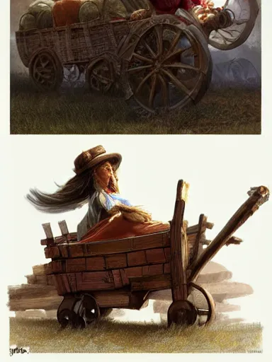 Image similar to a tinker carrying a giant wagon full of trinkets and hanging artifacts. intricate, elegant, highly detailed, digital painting, artstation, concept art, sharp focus, illustration, by justin gerard and artgerm, 8 k