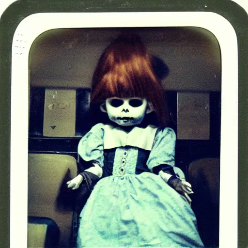 Image similar to aged polaroid photo of a scary doll in a london subway, gloomy, grainy