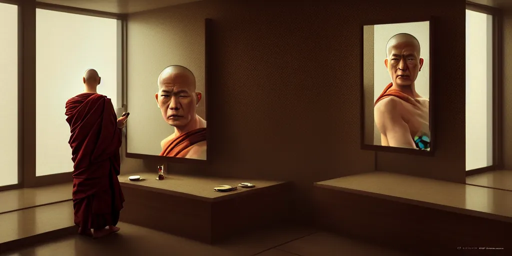 Prompt: Ultra realistic illustration, buddhist monk looking at himself in the mirror, cyberpunk, sci-fi, fantasy, intricate, elegant, highly detailed, digital painting, artstation, concept art, smooth, sharp focus, illustration art in the style of artgerm, by greg rutkowski, by moebius, rendered in octane render,