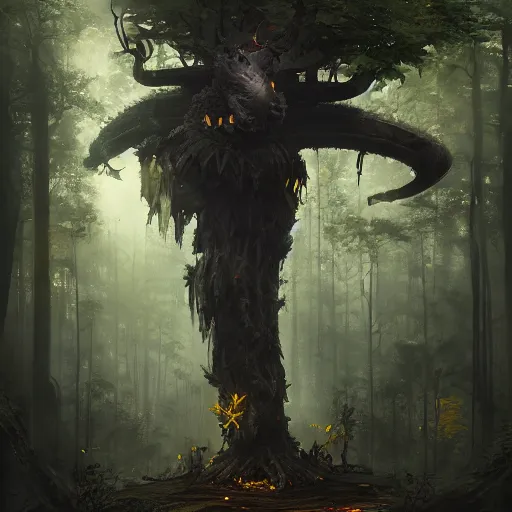 Prompt: living tree, in the shape of a rat with legs tail and yellow eyes, dark forest with black colour, by greg rutkowski, trending on art station, highly detailed, magic the gathering, matte painting