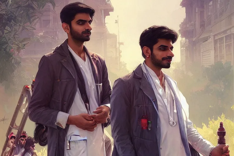 Prompt: Anxious good looking pale young Indian doctors wearing American clothes outside a hospital, portrait, elegant, intricate, digital painting, artstation, concept art, smooth, sharp focus, illustration, art by artgerm and greg rutkowski and alphonse mucha