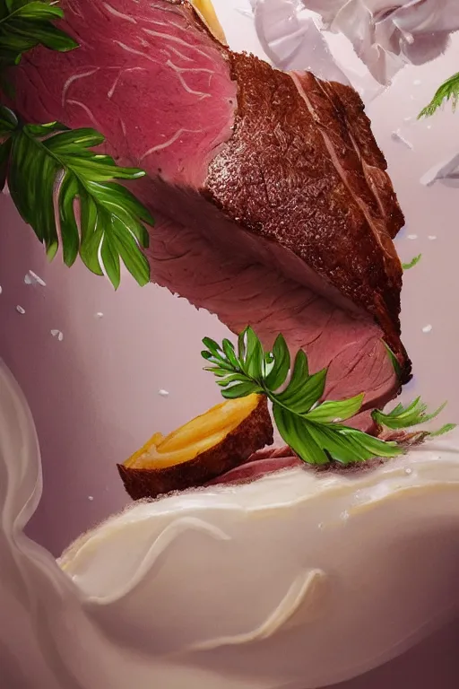 Prompt: ultra realistic illustration, portrait of sliced roast beef covered in white yogurt, plumeria tropical bouquet background, close up shot, fantasy, intricate, elegant, highly detailed, digital painting, artstation, concept art, smooth, sharp focus, illustration, surrealism