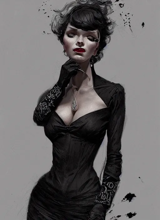 Prompt: portrait of a woman with a crooked nose and a confident expression, 1 9 6 0 s, black clothes, punk, funk, intricate, elegant, highly detailed, digital painting, artstation, concept art, smooth, sharp focus, illustration, art by wlop, mars ravelo and greg rutkowski