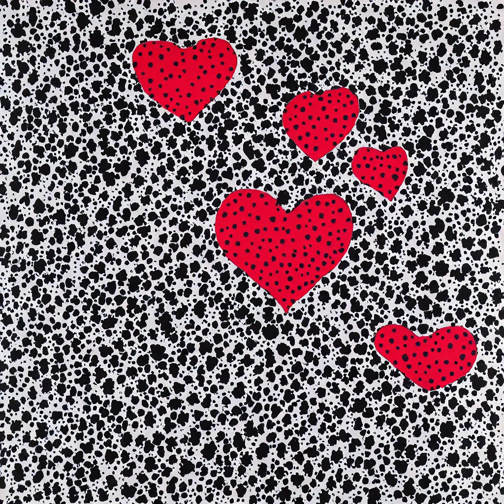 Prompt: camo made of hearts, smiling, abstract, rei kawakubo artwork, cryptic, dots, stipple, lines, splotch, color tearing, pitch bending, color splotches, dark, ominous, eerie, minimal, points, technical, old painting