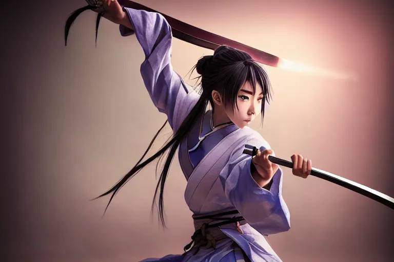Prompt: highly detailed beautiful photo of a madison beer as a young female samurai, practising sword stances, art by koyoharu gotouge, symmetrical face, beautiful eyes, realistic, 8 k, award winning photo. pastels colours, action photography, 1 / 1 2 5 shutter speed, sunrise lighting,