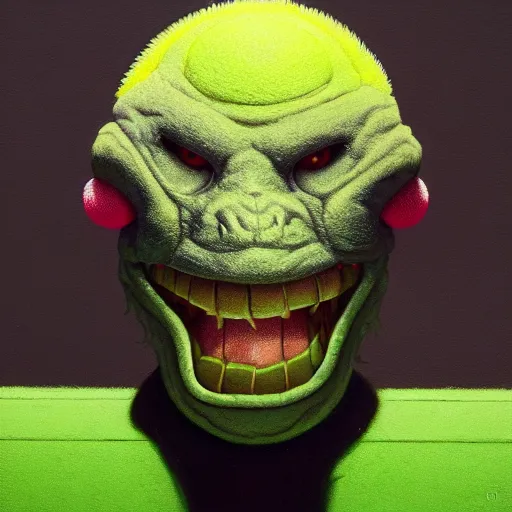 Image similar to highly detailed vfx portrait of a character of a tennis ball monster stephen bliss, chalk, unrealengine, greg rutkowski, loish, rhads, beeple, chalk, makoto shinkai and lois van baarle, ilya kuvshinov, rossdraws, tom bagshaw, basil gogos