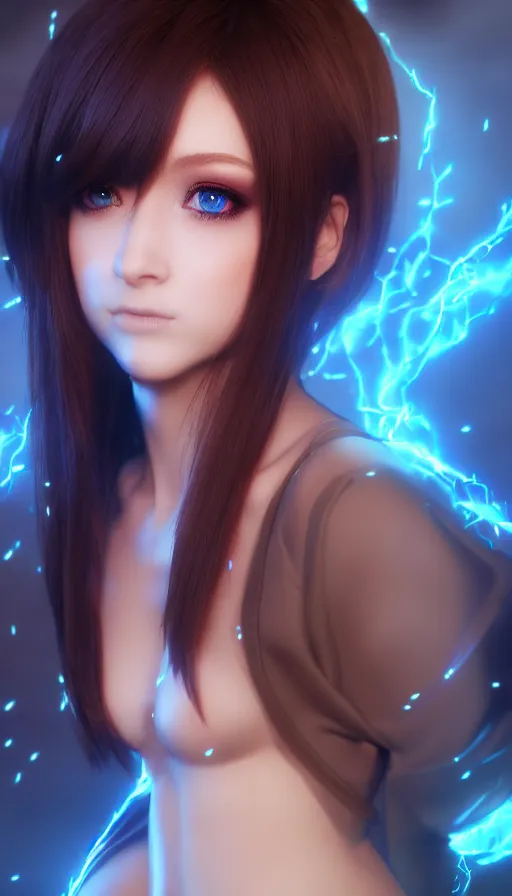 Image similar to render as a very beautiful 3d anime woman with short brown hair, blue eyes, heavy makeup, short smile, cinematic lightning, highly detailed, trending on Artstation, Unreal Engine 4k, cinematic wallpaper