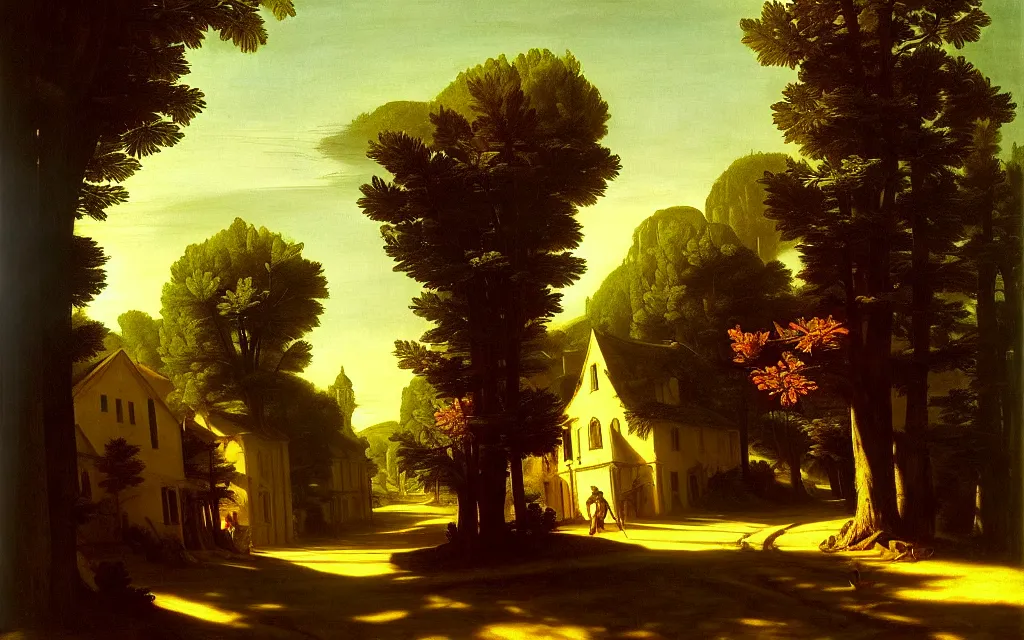 Prompt: in the style of gerald brom, caravaggio, thomas cole, beautiful small town, houses and buildings, 1 8 0 0 s, cobblestone roads, warm light, mid day, trees, forest in the distance