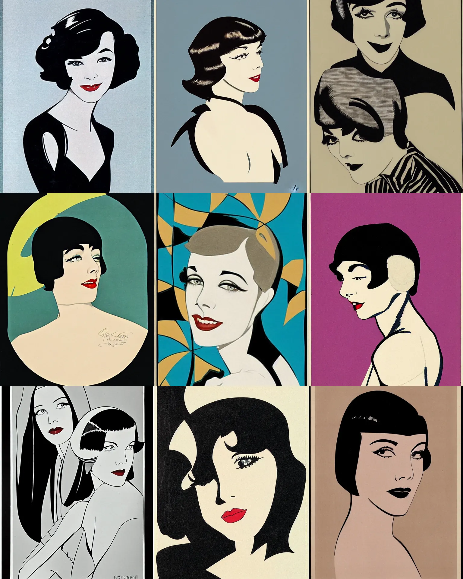 Prompt: Colleen Moore 25 years old, bob haircut, portrait by Patrick Nagel, 1920s, art deco