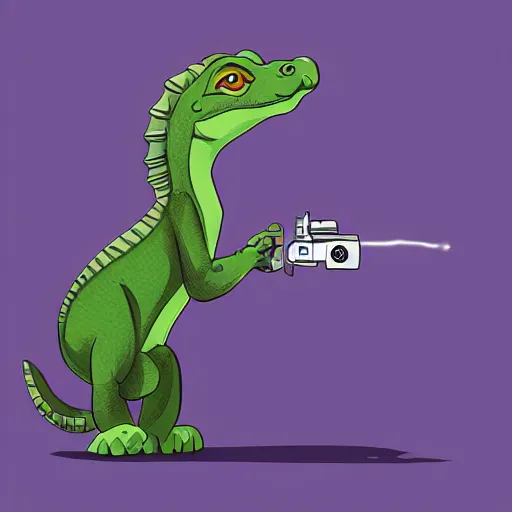 Image similar to “ komodo dragon in the style of zootopia holding laser gun, floating alone, with a black background, digital art, award winning, trending on art station, retro style ”