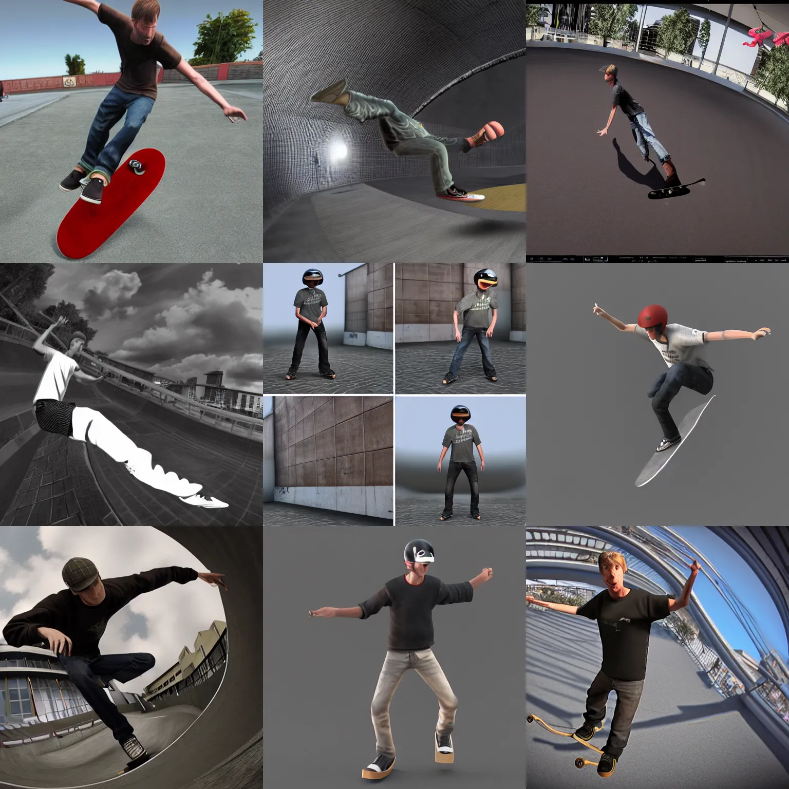 Image similar to tony hawk, 3 ds max animation, redshift render, realistic, cloth sim, fisheye, skater xl, skatrix 4 k