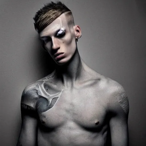 Prompt: “a realistic detailed photo of a guy who is an attractive humanoid who is half robot and half humanoid, who is a male android, rapper MGK, shiny skin, posing like a statue, blank stare”