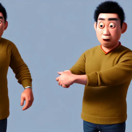 Image similar to asian man who can ’ t believe he ’ s holding a black twins, pixar, 3 d render, artstation, unreal engine