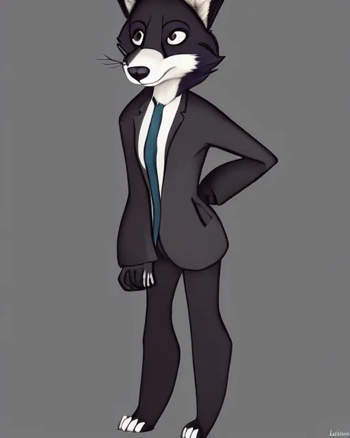 Prompt: digital painting full body of anthromorphic furry female wolf, in style of zootopia, female fursona, furry, furaffinity, 4 k, deviantart, furry art, fursona art, wearing black business suit, wearing black business suit, wolf fursona, female, very expressive detailed feminine face,