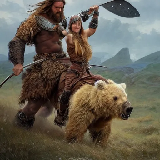 Image similar to viking barbarian emma watson riding a grizzly bear like a horse wielding a giant axe, fantasy art, hyper detailed, extremely complex, hyper realistic art by artgerm and greg rutkowski and alphonse mucha