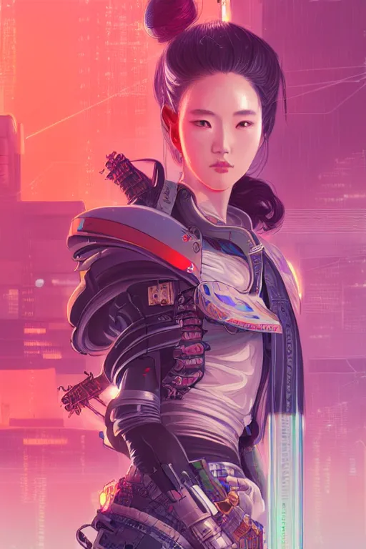 Image similar to portrait futuristic Samurai Girl, in future cyberpunk tokyo rooftop , ssci-fi, fantasy, intricate, very very beautiful, elegant, human anatomy, neon light, highly detailed, digital painting, artstation, concept art, smooth, sharp focus, illustration, art by tian zi and WLOP and alphonse mucha