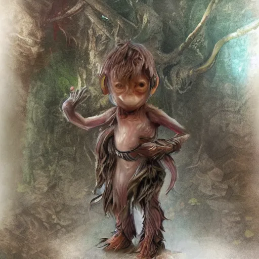 Prompt: a highly detailed portrait of a tiny humanoid creature standing in a fantasy forest concept art