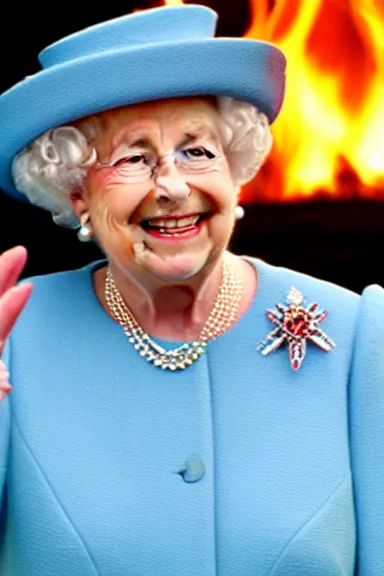 Image similar to queen Elizabeth smiling and waving while on fire