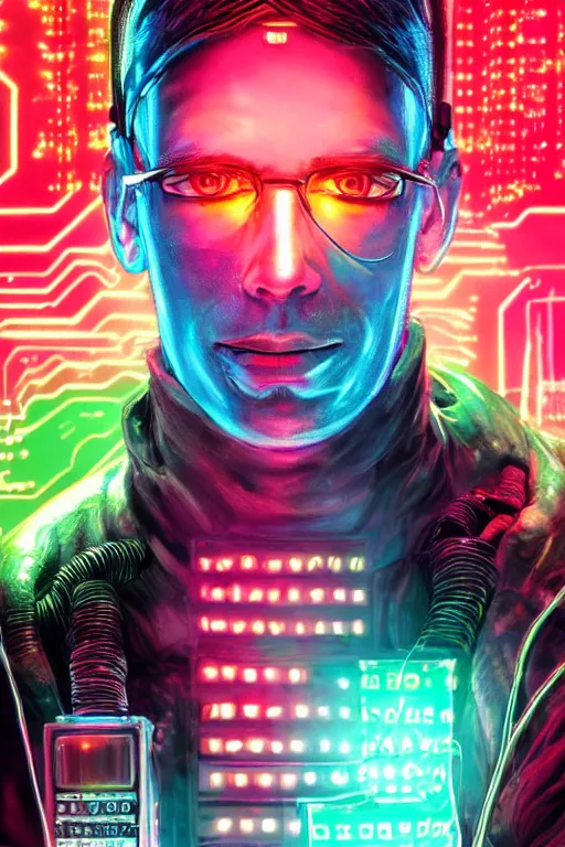 Image similar to stunning highly detailed portrait of a neuromancer hacker with cyber headgear surrounded by wires, neon colors, oil on canvas, strong lighting, by Glenn Fabry, HD, 4K