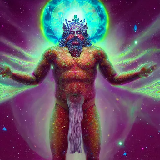 Image similar to cosmic king god who's body made of cosmos, detailed, octane, arstation, concept art