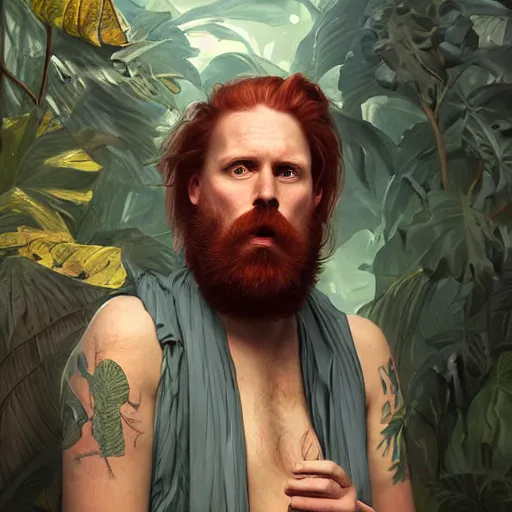 Prompt: A Portrait of Patrik Lindkvist, a bearded red-haired man in his 30's, living in Mönsterås and Los Angeles. Detailed digital art, portrait, D&D, fantasy, highly detailed, digital painting, artstation, concept art, sharp focus, illustration, art by artgerm and greg rutkowski and alphonse mucha