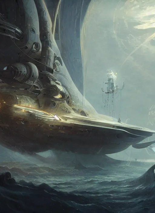 Image similar to epic concept illustration, highly detailed, intricate mechanical design, hard science concept art, star fleet nautilus ship being prepared for launch, by greg rutkowski and alphonse mucha. uhd, cinematic lighting, amazing depth, cinematography by 2 0 1 7