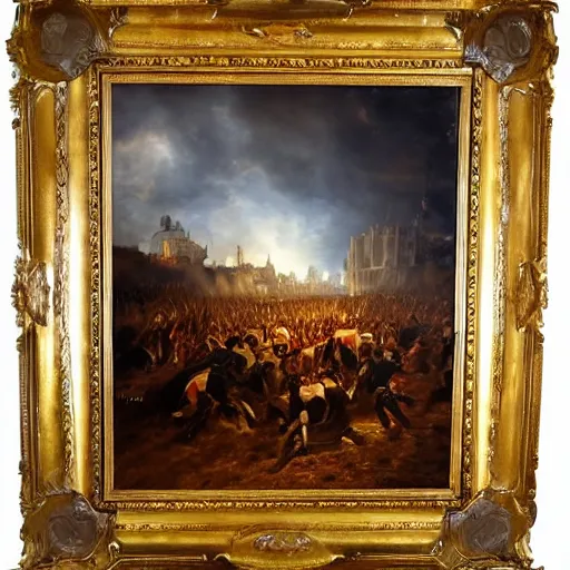 Image similar to Highly detailed and cinematic romantic period oil painting of the battle of Waterloo, with a detailed and realistic tardis from dr who, strong atmosphere, oil painting masterpiece by Josep Tapiró Baró, dynamic lighting, 8K