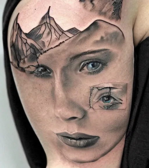 Image similar to realism tattoo sketch of a isabelledeltore face double exposure mountain scenery, in the style of matteo pasqualin, amazing detail, sharp, faded