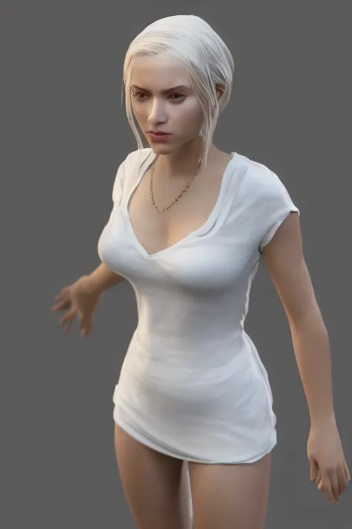 Image similar to fotorealistic 16K render of Zoe the female character from videogame Dramfall Chapters, photorealism, full body, white ambient background, unreal engine 5, hyperrealistic, highly detailed, XF IQ4, 150MP, 50mm, F1.4, ISO 200, 1/160s, natural light, Adobe Lightroom, photolab, Affinity Photo, PhotoDirector 365, realistic