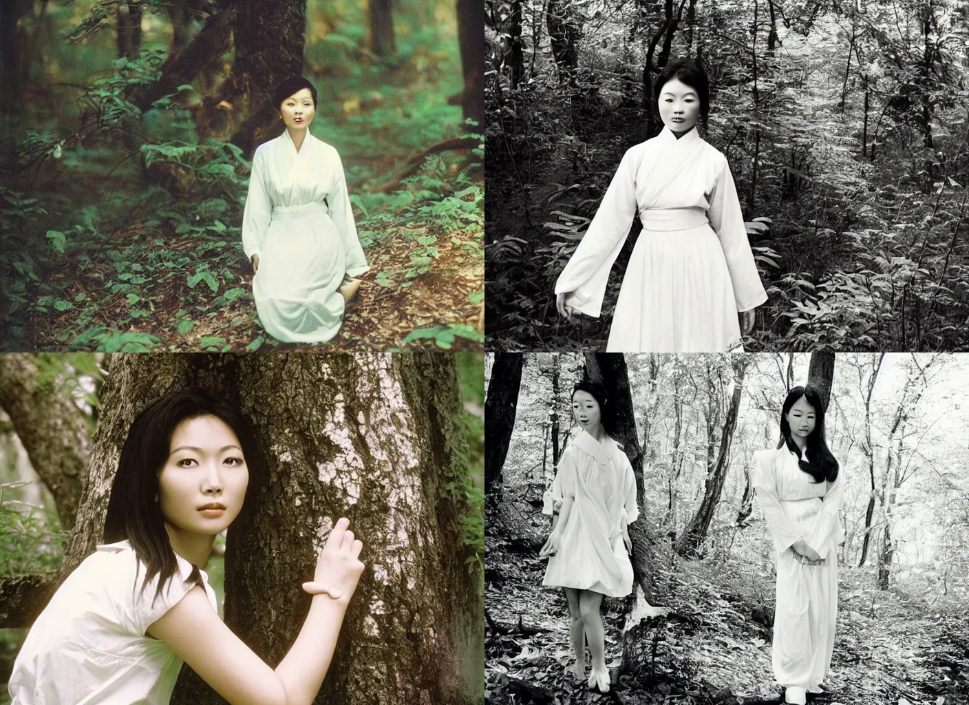 Prompt: An beautiful Asian lady in white, in the forest, 90's professional artistic photograph.