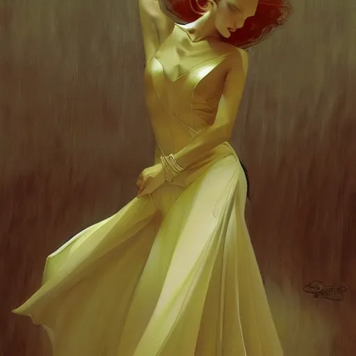 Image similar to a painting of a woman in a golden dress, an art deco painting by Craig Davison, featured on cgsociety, fantasy art, pre-raphaelite, rococo, reimagined by industrial light and magic